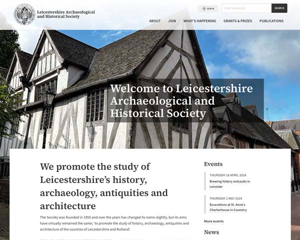Web design and development for Leicestershire Archaeological and Historical Society